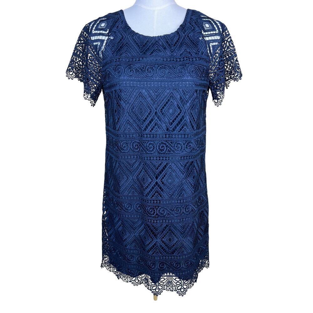 Madewell Lace Navy Dress Blue Short Sleeves Knee Length Casual Size 6